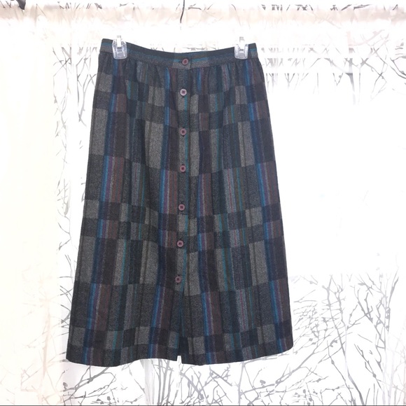 Vintage Oscar de la Renta black grey blue plaid wool button down midi skirt - Picture 2 of 8